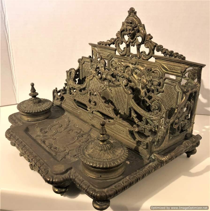 Bronze Victorian Double Inkwell Letter Holder Desk Top (1 of 13)