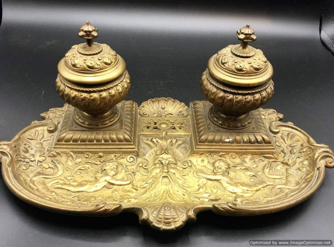 Circa 1880 Bronze Victorian Fancy Double Inkwell (1 of 9)