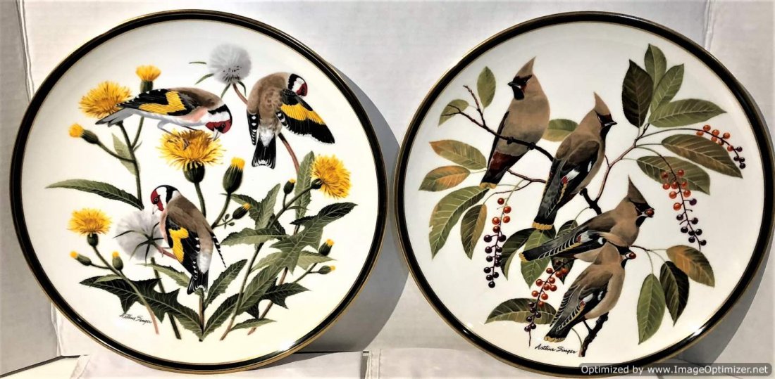 Two [2] Arthur Singer, Audubon Society Plates Songbirds: Two [2] Arthur Singer, Audubon Society Plates Songbirds of the world; The National Audubon Society, 1977 Franklin Porcelain. 2 plates: European Goldfinch and Bohemian Waxwing. Both signed Arthur Singe