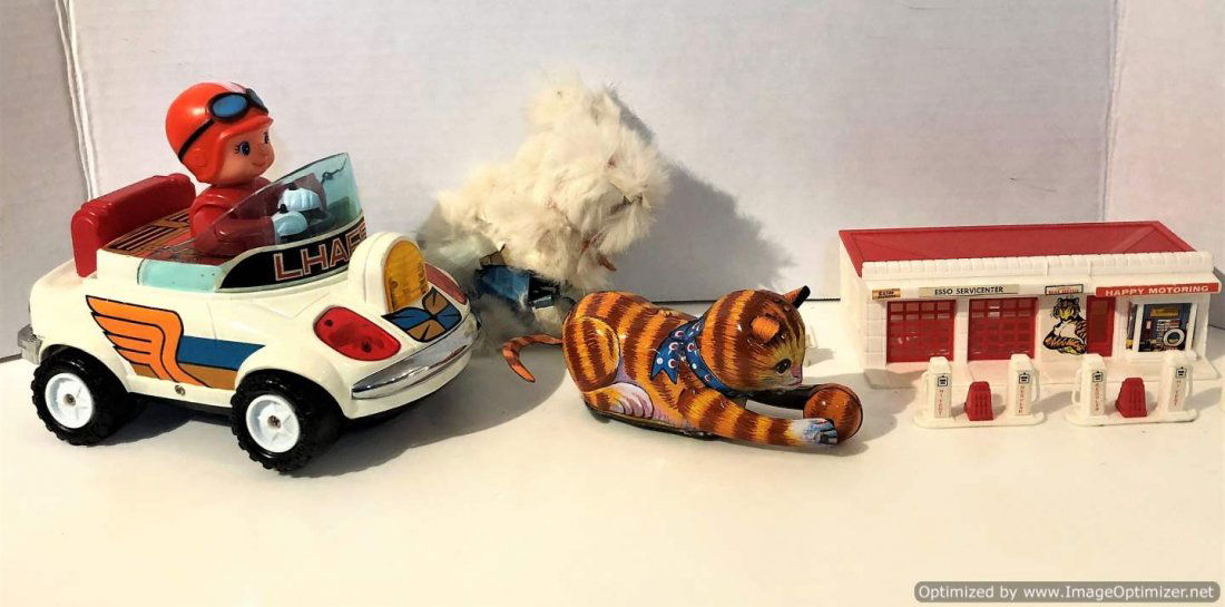 Four [4 ] Assorted Vintage Toys: Car, Cat, Rabbit, Gas (1 of 10)