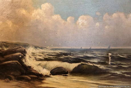 CHARLES GRANT DAVIDSON, Oil/c Seascape Background Ships: CHARLES GRANT DAVIDSON, Oil/c Seascape with Background Ships. Well listed American artist. Oil on canvas painting, Signed with initials C G D on lower right, original frame. Size: image 11 in. x 16