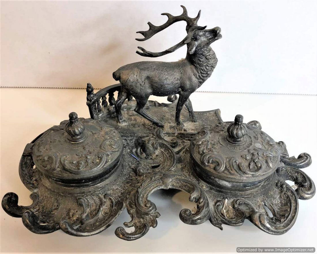 Victorian Elk Stag Double Inkwell in Cast Spelter Metal (1 of 7)