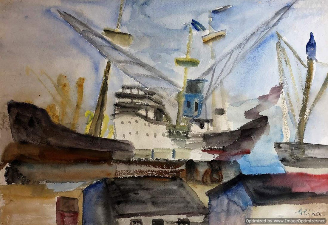 GLIKA, Polish Artist 1900-1950; Fishing Boat Gloucester (1 of 4)