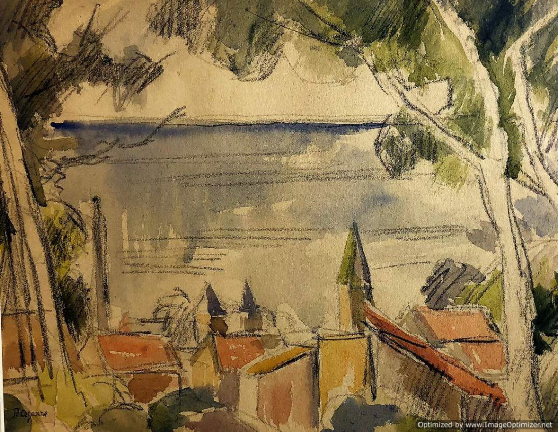 P. CEZANNE, Watercolor & Graphite Coastal Town, Signed (1 of 5)