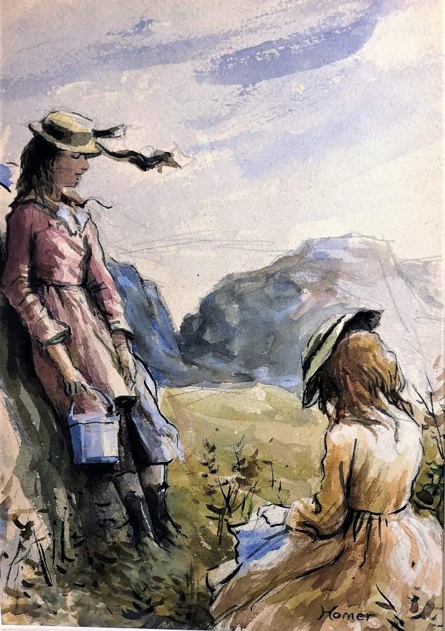 Winslow Homer Attributed Watercolor 2 Girls on Hillside (1 of 6)