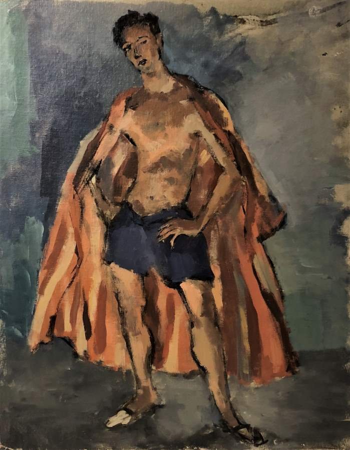 Gay Art Oil/b Young Man Wearing Shorts and Cape: Gay Art Oil/b Young Man Wearing Shorts and Cape. Vintage circa 1950s, signed L A Beltz, oil on canvas board. Size: 20 in. x 16 in.