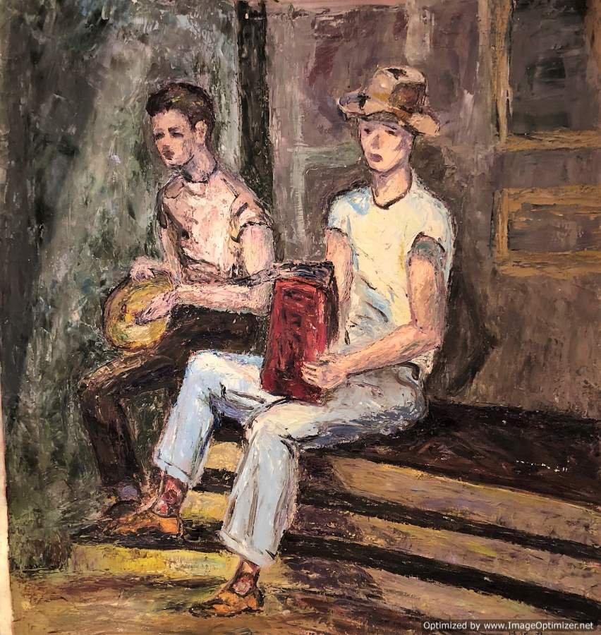 Helen S Barth 1954, Oil/c Two Young Boys Sitting Bench (1 of 6)