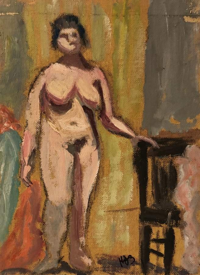 Helen S Barth, Phila., 1950s Oil/b Standing Nude Model: Helen S Barth, Phila., 1950s Oil/b Standing Nude Model . Oil on canvas board painting. Signed on front with initials HSB, and signed on verso in full name and Philadelphia address. Size: 8 in. x 6 in.
