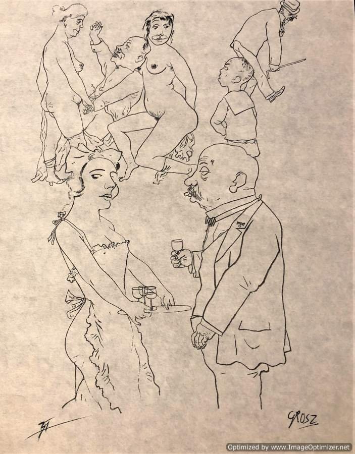 George Grosz, Ink Drawing Figures, Nudes, Cocktails: George Grosz, Ink Drawing Figures, Nudes, Cocktails, erotic scene upper left. Ink drawing on paper, loose not framed. Signed lower right: Grosz. Well listed artist. Size: 12.75 in. x 9.5 in. ; ASKart 