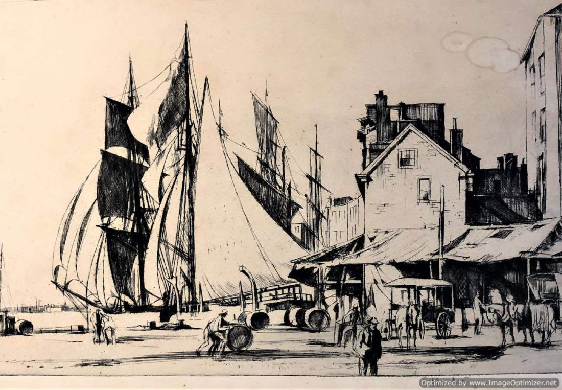 E Hurley, Etching Workers At The Pier, Ships, Carriages (1 of 9)