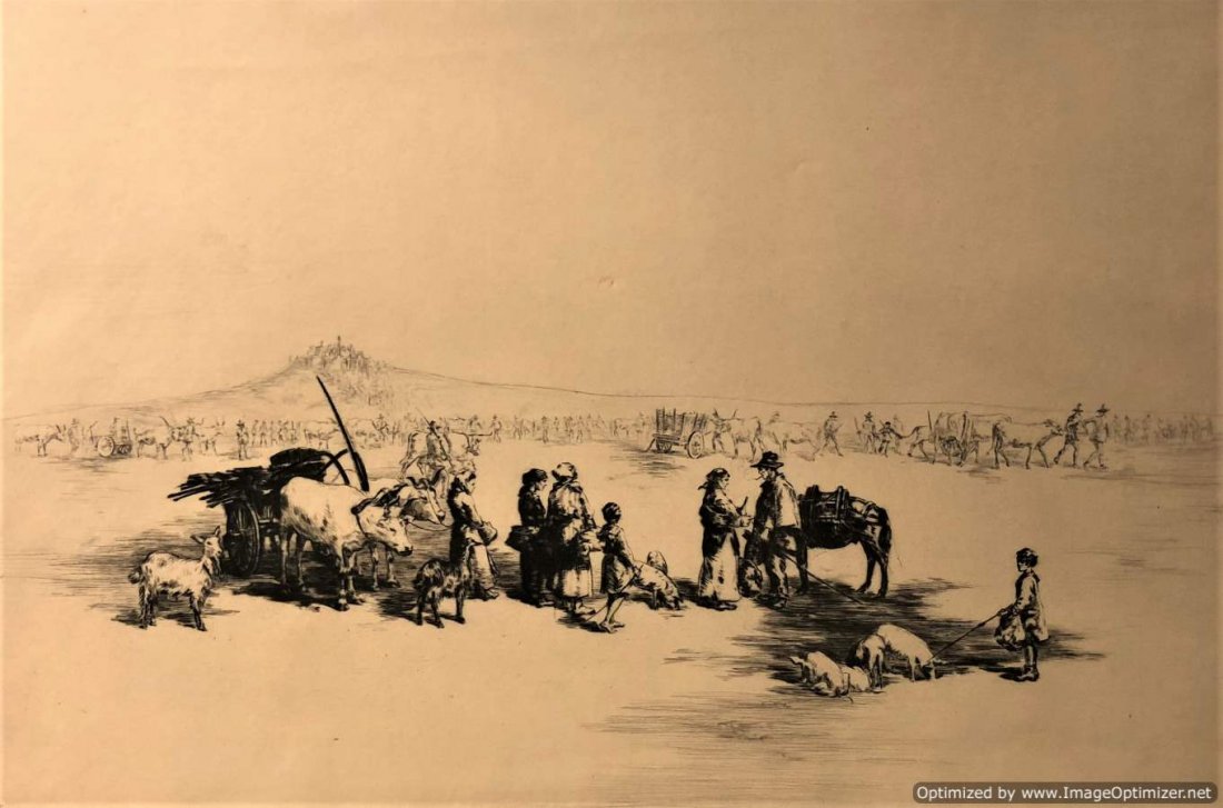 S Tushingham, Etching, Oxen Work Carts, Family Figures (1 of 9)