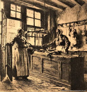 Leon Augustin Lhermitte, Etching, Women in Meat Market: Leon Augustin Lhermitte, Etching, Women in Meat Market. Size: image 6 7/8 in. x 6.5 in.; full sheet size: 12.25 in. x 10 1/8 in.