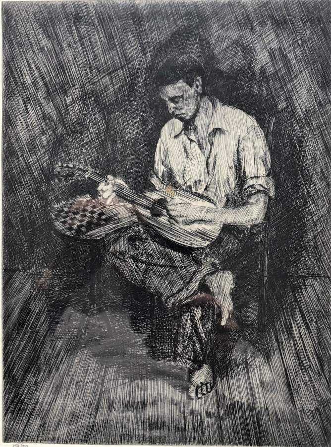 Louis Wolchonok, Etching Man Playing Mandolin, Signed (1 of 7)