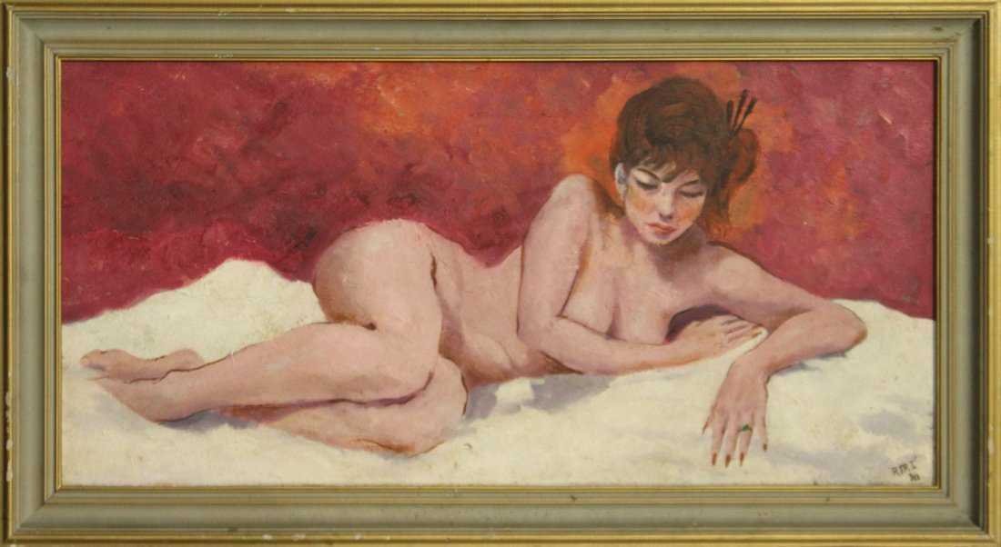 BEDROOM NUDE OIL PAINTING ON BOARD, SIGNED Riri 1980: RECLINING BEDROOM NUDE OIL PAINTING ON BOARD, SIGNED RIRI 1980. Has nice quality, framed. Oil on board painting.Size: 14.5 x 29 , outside of frame: 18 x 33