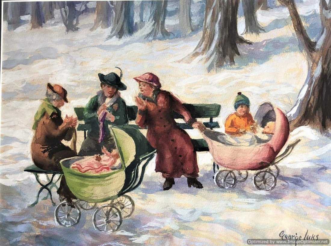 GEORGE LUKS, In Conversation at Highbridge Park NYC: George Luks, In Conversation at Highbridge Park NYC. Gouache painting, signed: Geo. Luks, quality framing. Highbridge Park in winter, grandmothers with their grandchildren. Size: image 8.75 in. x 11 i