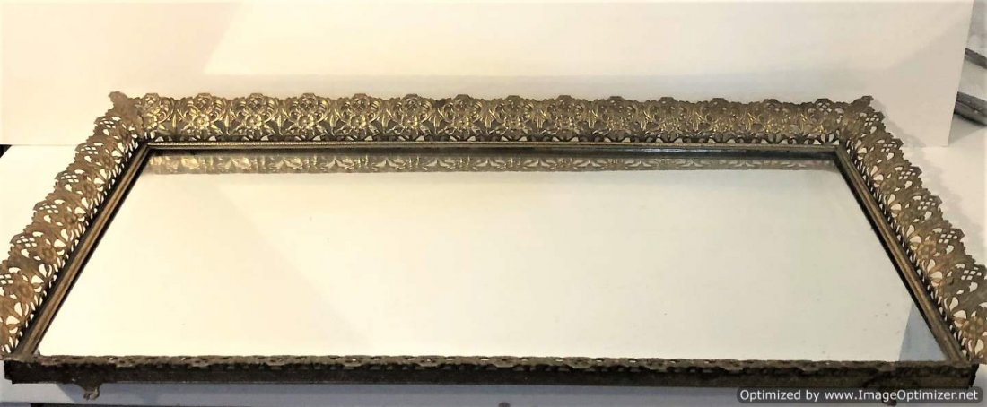 Rectangular Dresser Tray Mirror, Fancy Brass Edging: Rectangular Dresser Tray Mirror, Fancy Brass Edging. Size: 2 in. height; 22.25 in. length, 12.25 in. wide.