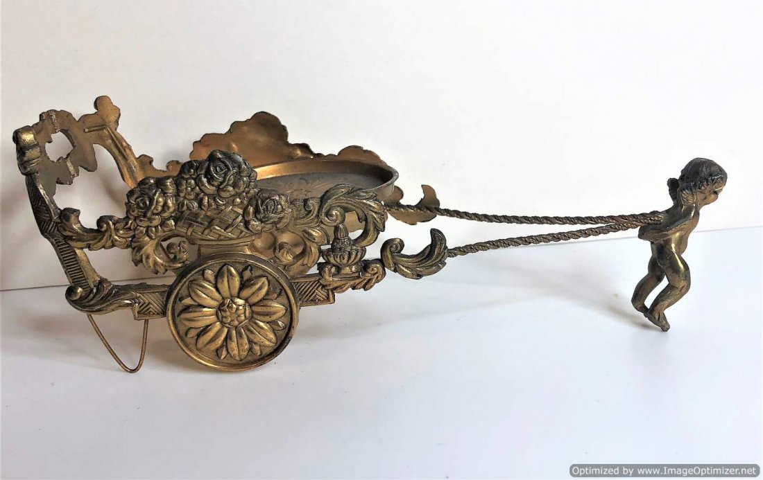 Putti Pulling Flower Chariot, Gold Tone Cast Metal (1 of 8)
