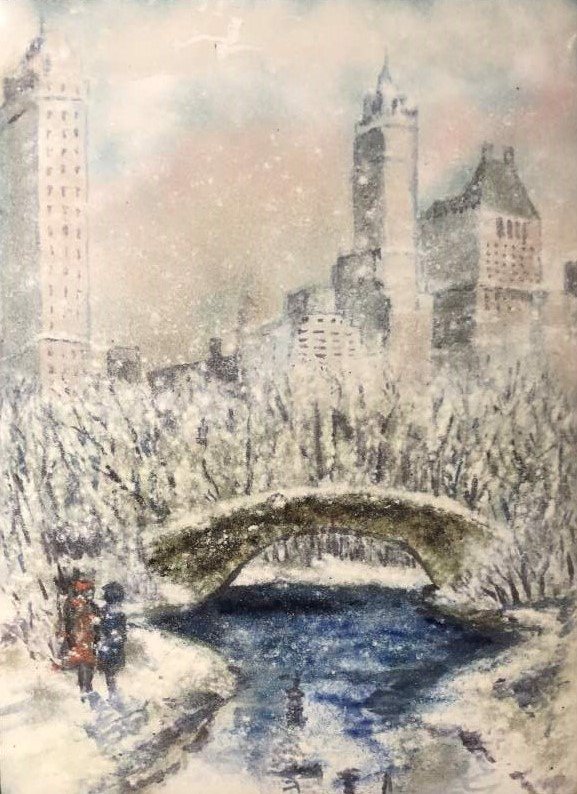 Winter Central Park New York Enamel Manner Guy Wiggins: Winter Central Park. New York City, NY; Enamel Art on Copper panel, Original framing. Scene in the Manner of Guy Wiggins. Unsigned. Exceptional quality. Size: image 12 in. x 9 in.; outer frame 18.5 in