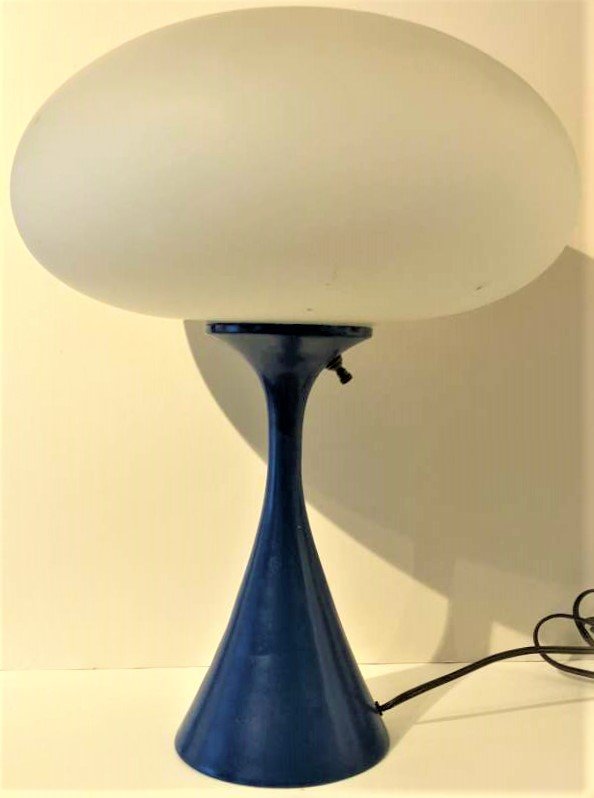 Mid-Century Laurel Lamp, Mushroom, Atomic, Space Age: Mid-Century Laurel Lamp, Mushroom, Atomic, Space Age. Blue metal base with original white satin glass shade. Size: 17 in. height, 12 in. diameter shade, 5.25 in. diameter base.