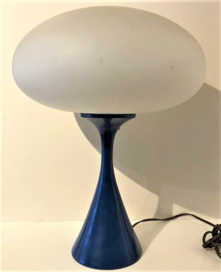 Mid-Century Laurel Lamp, Mushroom, Atomic, Space Age: Mid-Century Laurel Lamp, Mushroom, Atomic, Space Age. Blue metal base with original white satin glass shade. Size: 17 in. height, 12 in. diameter shade, 5.25 in. diameter base.