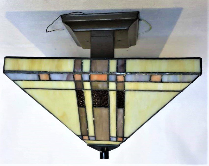 Arts & Crafts Design Leaded Glass Ceiling Fixture: Arts & Crafts Design Leaded Glass Ceiling Fixture, contemporary but nice quality. Size: 12 in. diameter shade, 11.5 in. height.