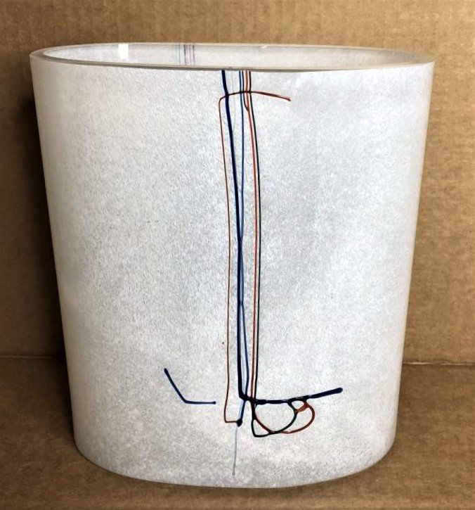 Mid-Century Modern Vase with Red, Blue Drip Line Design: Mid-Century Modern Vase with Red, Blue Drip Line Design. Size: 7.5 in. height, 6.75 in. wide, 4 in. depth.