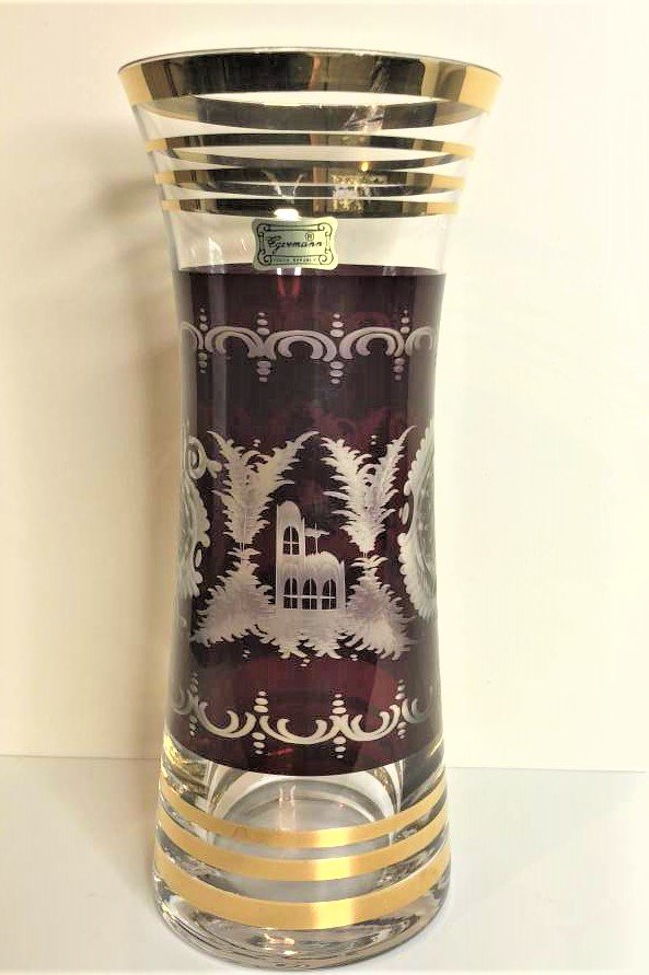 Egermann Czech Republic Ruby Etched Gold Banded Vase: Egermann Czech Republic Ruby Etched Gold Banded Vase. Size: 9.75 in. height, 4 1/8 in. top, 3.75 in. base.