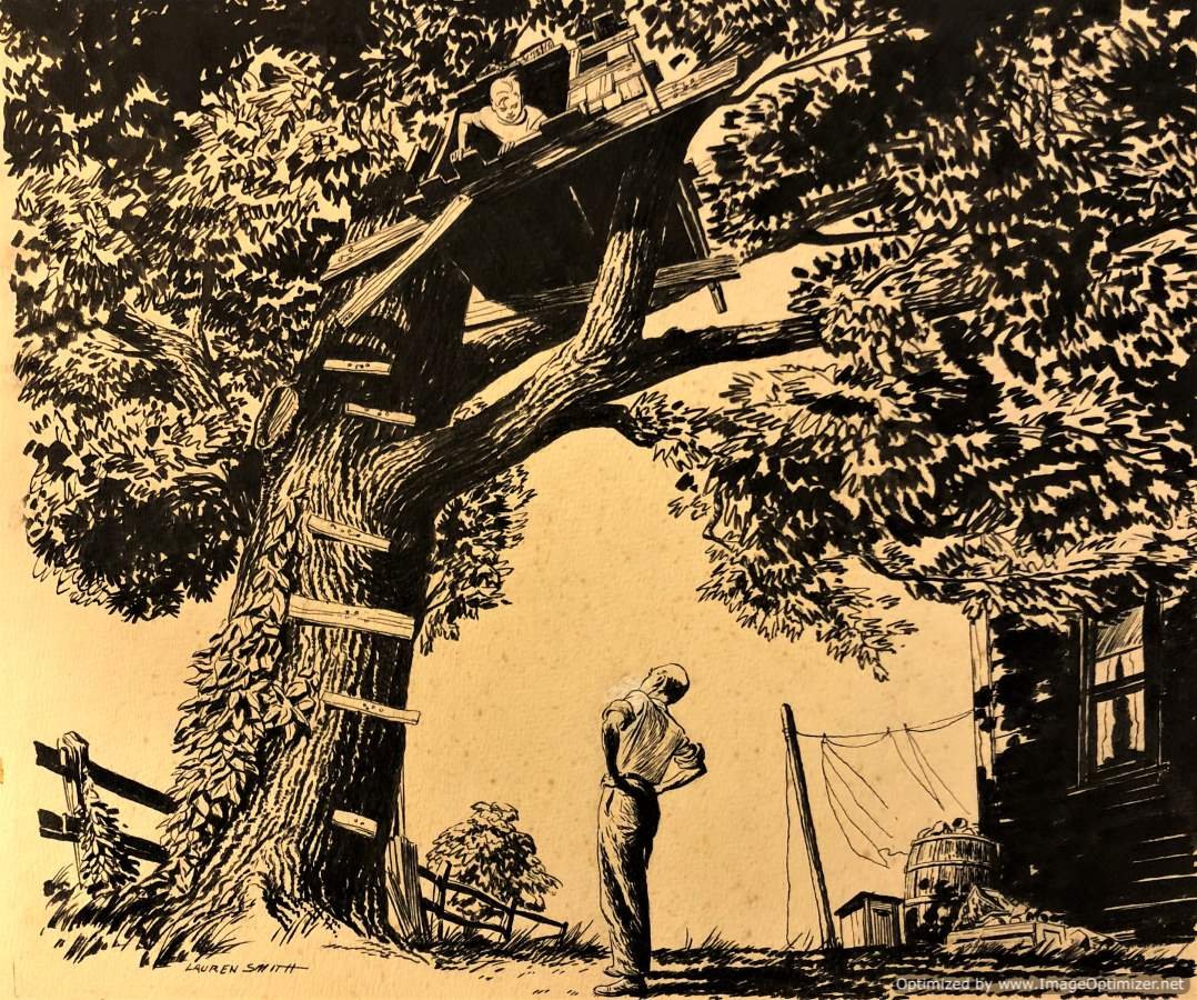 Frank Lauren Smith, Pen & Ink Illustration, Tree House: Frank Lauren Smith, Original 1950's vintage Pen & Ink Illustration Art, Father calling for boy in Tree House. Signed on front: Lauren Smith; on back is full name: Frank Lauren Smith. On original illus