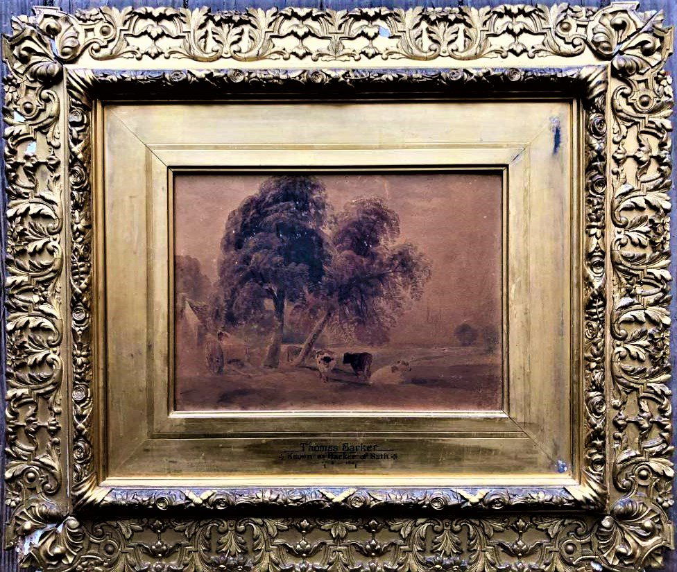 Thomas Barker of Bath - 1800's Landscape with Cows w/c: Thomas Barker of Bath - 1800's Landscape with Cows w/c; Original antique fancy frame, stenciled name on the gold frame "Thomas Barker of Bath". Size: image 13 in. x 16 im; outer frame 22 in. x 25 in.