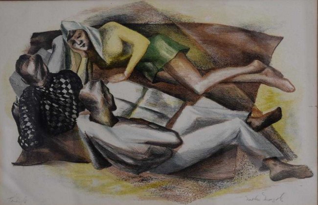 Nathan Margolis, Mid-Century Color Lithograph -Triangle: Nathan Margolis, Mid-Century Color Lithograph -Triangle, scene of 2 young men and a girl, a love triangle. Signed in Pencil and titled \"Triangle\", original framing. Listed American Artist. Size: ima