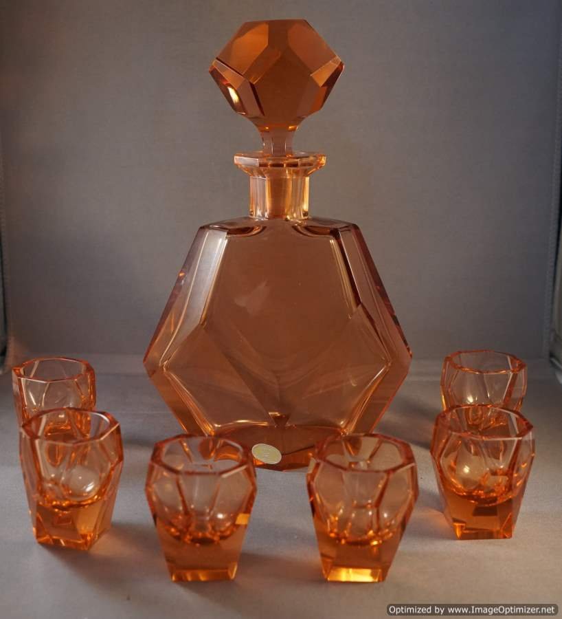 Pink-Amber Czechoslovakia Faceted Decanter, 6 Cordials (1 of 8)