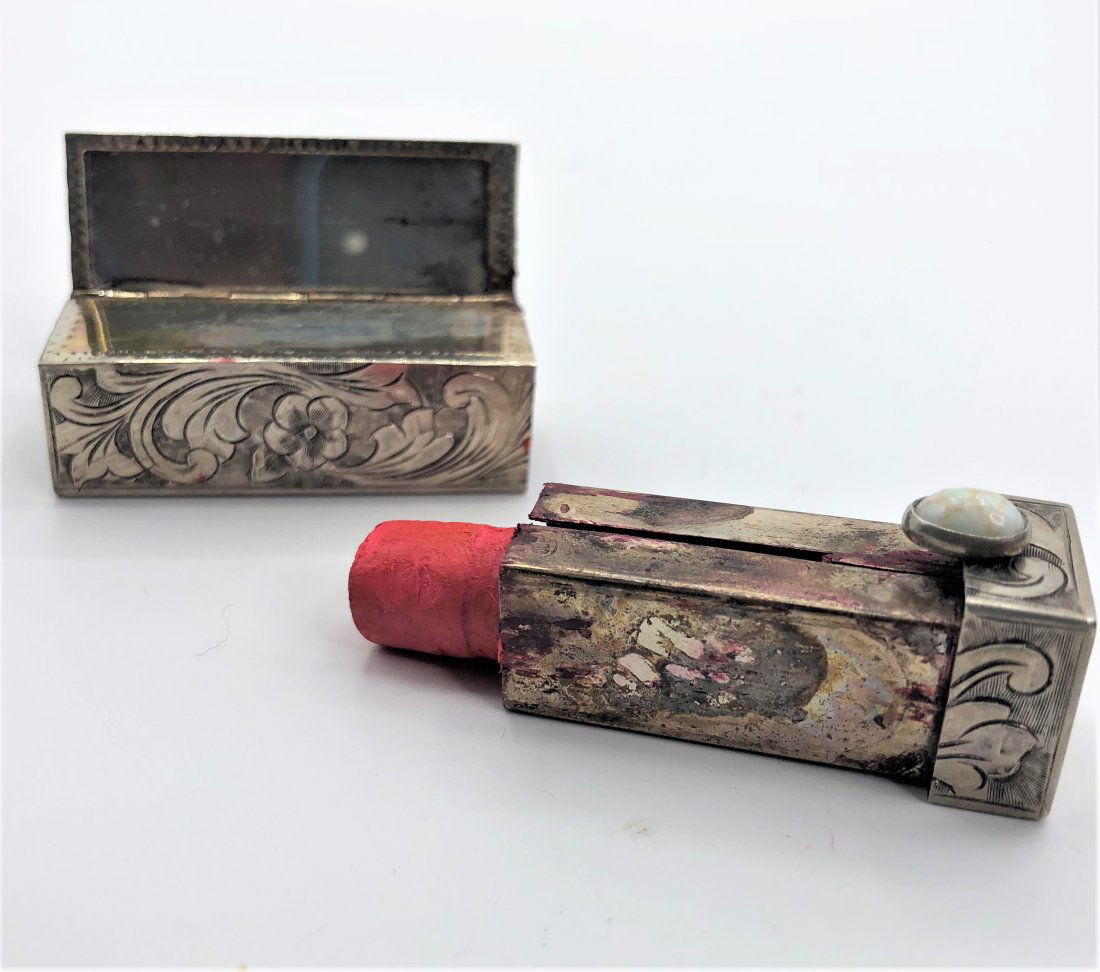 Ornate Sterling Silver Lipstick Container with Mirror (1 of 7)