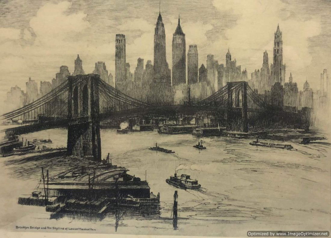 1938 Carl Abel Etching Brooklyn Bridge Lower Manhattan (1 of 9)