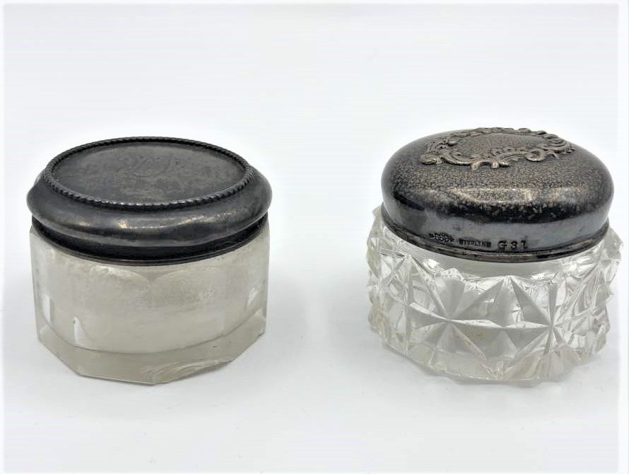 Two [2] Assorted Sterling Silver Top Glass Dresser Jars (1 of 8)