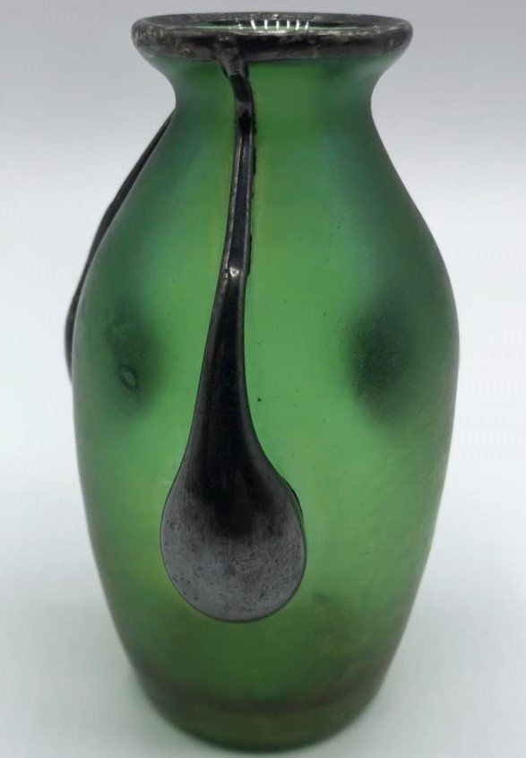 Antique Green Loetz Glass Vase Silver Overlay Teardrops (1 of 6)