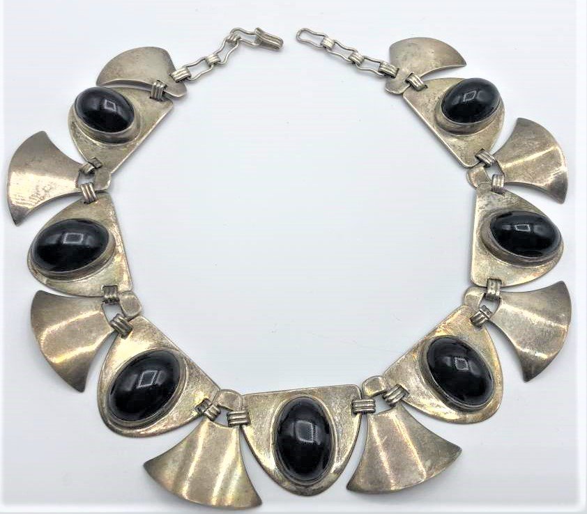 Silver Mexico Necklace - Choker with 7 Black Stones: Silver Mexico Necklace - Choker with 7 Black Stones. Marked: Silver Mexico. Size: 14.5 in. length, 1 1/8 wide