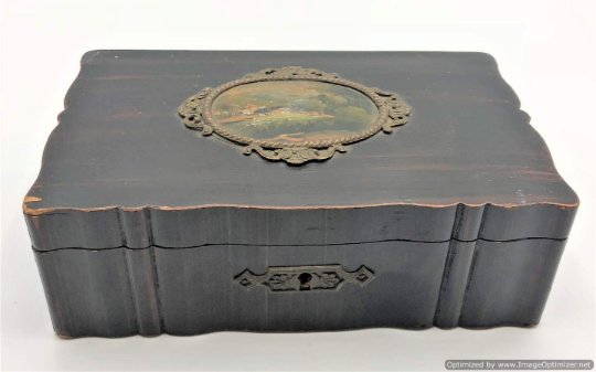 Circa 1900 Wood Small Document Box, Painting Plaque (1 of 6)