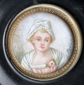 Miniature 19th C. Painting Portrait of Young Girl Artist Signed, Framed