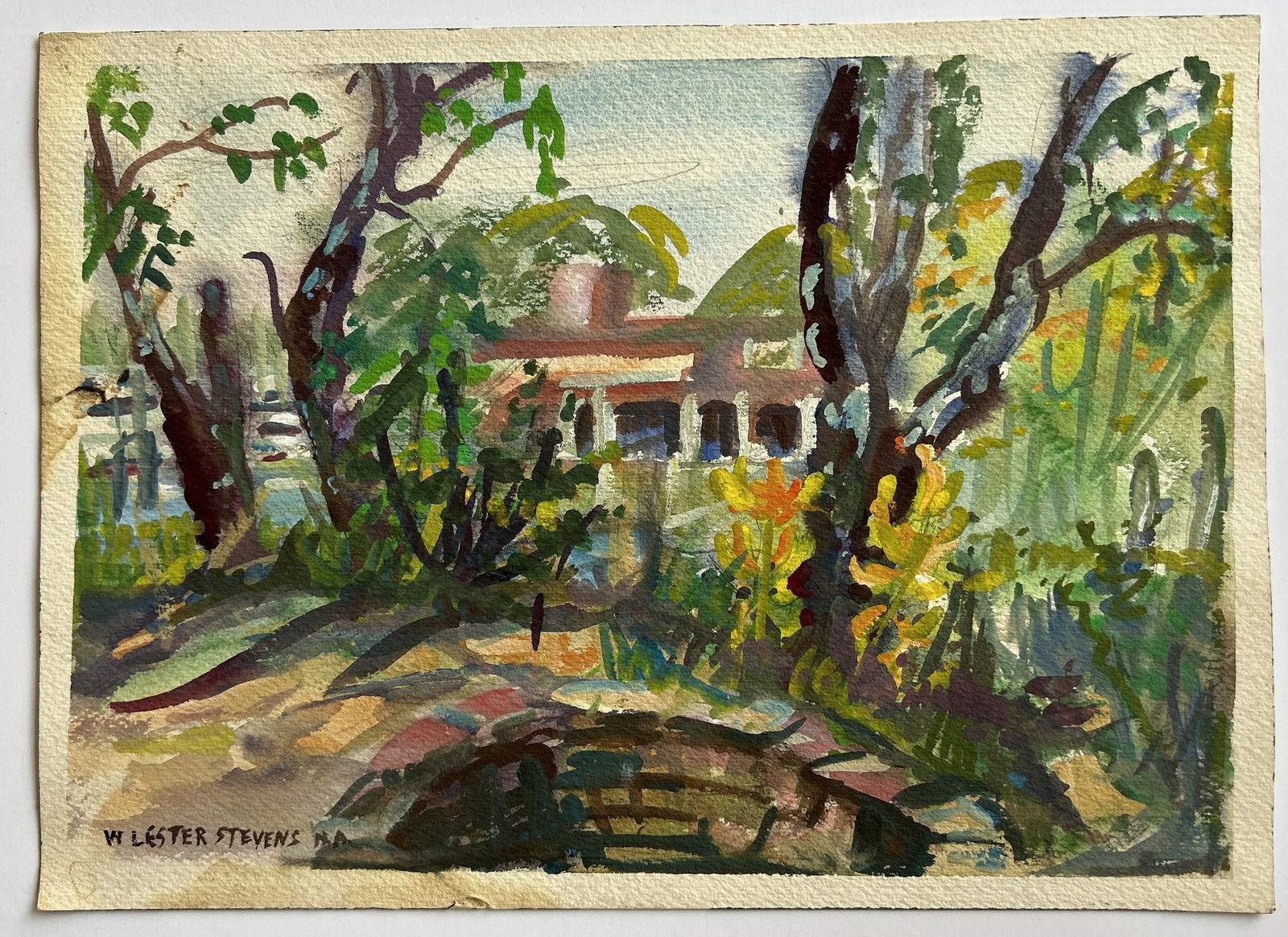 Signed W LESTER STEVENS N.A.; Watercolor Painting, Landscape with Home, No Frame: Signed W LESTER STEVENS N.A.; Watercolor Painting, Landscape with Home, No Frame. Listed Artist: William Lester Stevens (1888 - 1969) was active/lived in Massachusetts. Size: image 9.5 in. x 13.5 in.