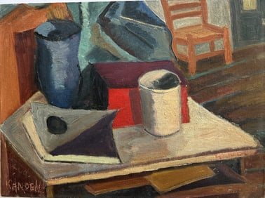Signed CANDELL, 1940s Oil on Board Painting CUBISM TABLE TOP STILL LIFE