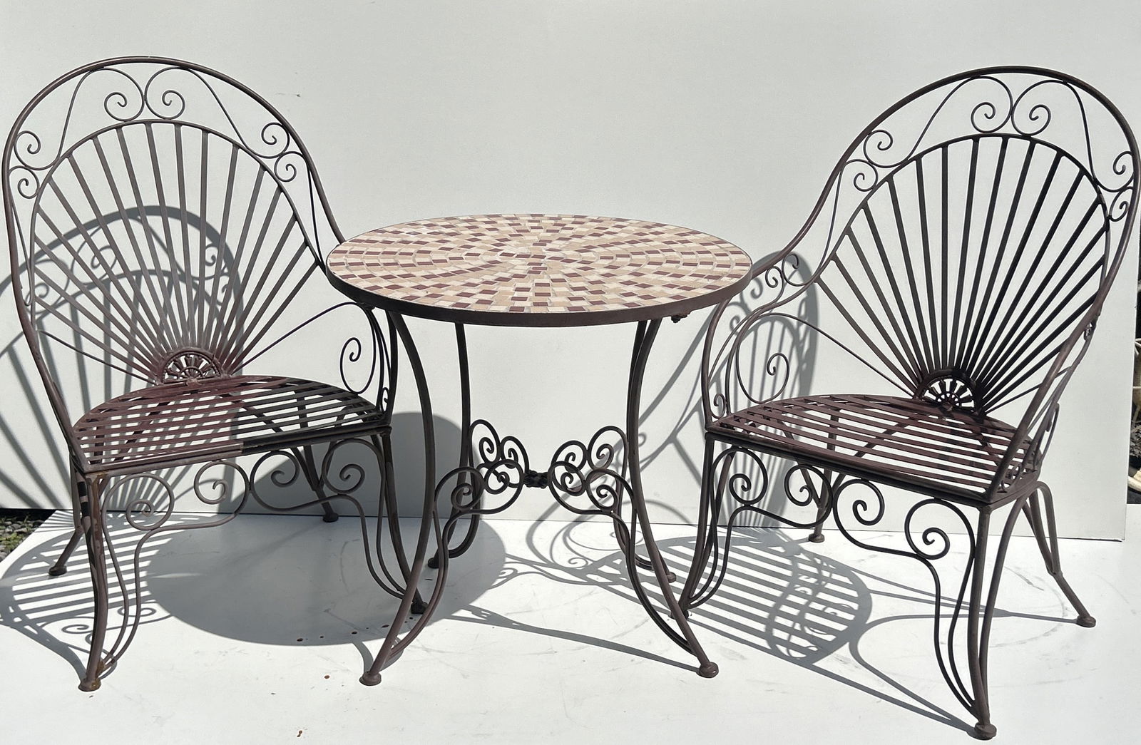 3-Piece Quality Metal and Mosaic Tile Top Table BISTRO SET [table with 2 Chairs]: 3-Piece Quality Metal and Mosaic Tile Top Table BISTRO SET [table with 2 Chairs]. Size table: 28 in. height, 27.5 in diameter ; Chairs 38.5 in. height , 24.5 in. wide