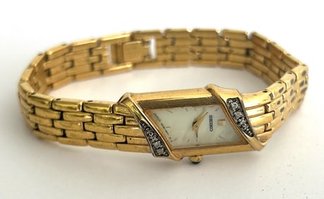 1980's SEIKO Diamonds Gold Tone Ladies Wristwatch Stainless Steel Base Metal, Mov't Japan, #651817