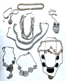 10 Assorted Designer Necklaces including JJ Silver Tone Snake Strands with Rhinestones 16 in.;