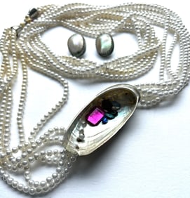 Faux 6-Strand Pearl Necklace with Rhinestone Shell and Pair Clip-on MOP Earrings