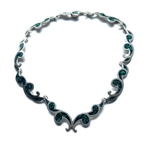 .925 Sterling Silver Mexico TM-11 Necklace with Mosaic Inlay Malachite 17 1/2 in. x 7/8 in.