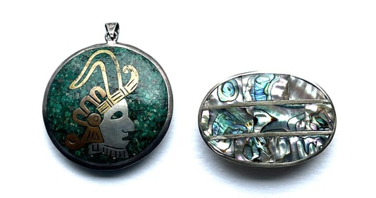 [2] JCL .925 Sterling Silver Mexico Inlaid Turquoise Pendant; Alpaca Mexico Mexican Silver Inlaid