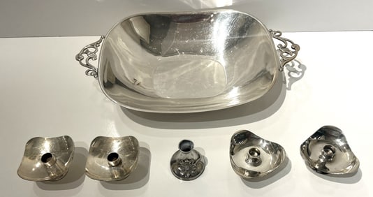 6 Pieces: Denmark Silver Plate Bowl Designed by Gidom Fraberg; 2 Pairs Denmark Candle Holders;