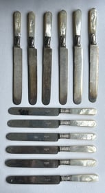 12 Sterling Silver Bands, Mother of Pearl Handles Table Knives in 2 Sets of 6 Sizes 8.75 in., 7.5 in