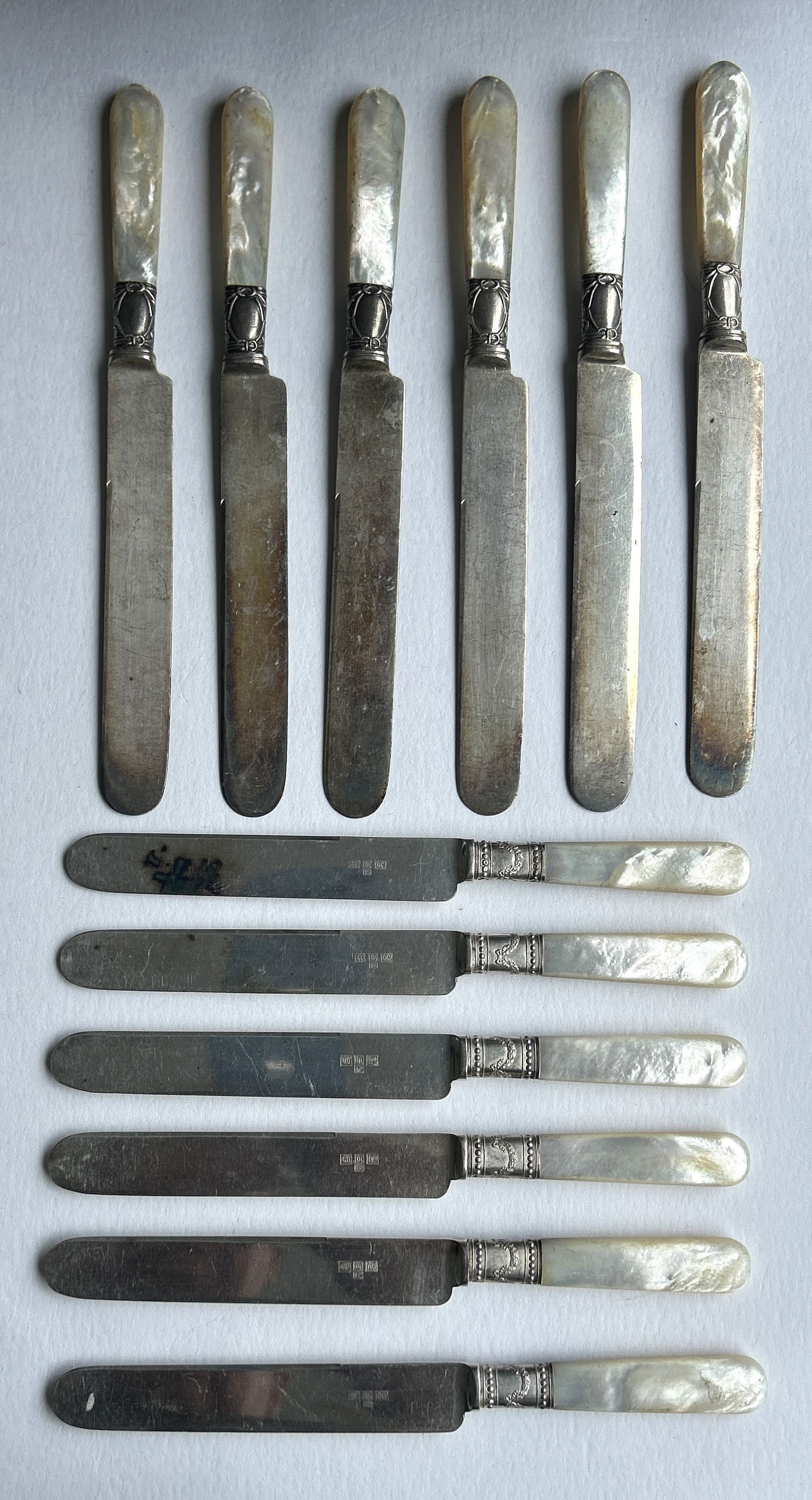 12 Sterling Silver Bands, Mother of Pearl Handles Table Knives in 2 Sets of 6 Sizes 8.75 in., 7.5 in (1 of 7)