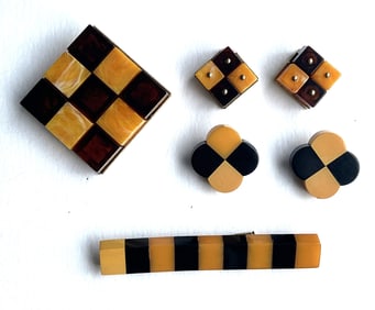 1930s-40s 6-Pieces Checkerboard Bakelite Pin, Matching Clip-ons, Bar Pin, Flower Clip-ons